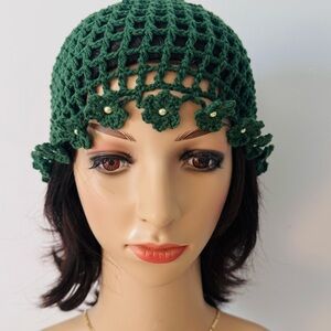 Elegant Handmade Green Crochet Hat with Floral and pearl Accents. One size. New